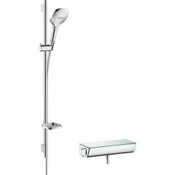 Shower tap Wall-mounted exposed material: Brass thermostatic with hand shower, hose and slider rail with shelf, color: Chrome surface: Glossy Wall-mouned exposed