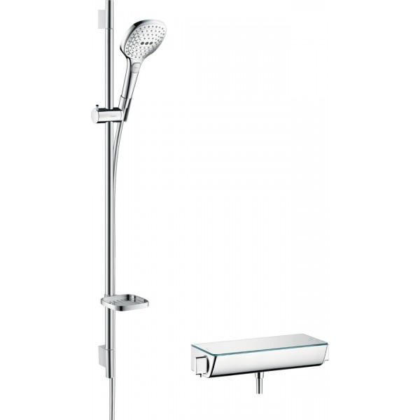 Shower tap Wall-mounted exposed material: Brass thermostatic with hand shower, hose and slider rail with shelf, color: Chrome surface: Glossy Wall-mouned exposed