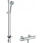 Shower tap Wall-mounted exposed material: Brass thermostatic with hand shower, hose and slider rail, color: Chrome surface: Glossy Wall-mouned exposed