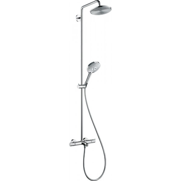 Bathtub tap with showerpipe and overhead shower Wall-mounted material: Brass thermostatic, color: Chrome surface: Glossy Wall-mounted exposed with showerpipe and overhead shower