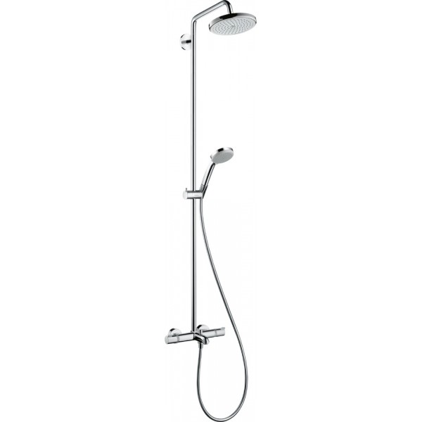 Bathtub tap with showerpipe and overhead shower Wall-mounted material: Brass thermostatic 220, color: Chrome surface: Glossy Wall-mounted exposed with showerpipe and overhead shower Bathtub tap with showerpipe and overhead shower Wall-mounted material: Brass thermostatic 220, color: Chrome surface: Glossy Wall-mounted exposed with showerpipe and overhead shower