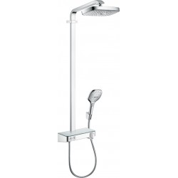 Shower tap with showerpipe and overhead shower Wall-mounted material: Brass thermostatic, color: Chrome surface: Glossy Wall-mounted exposed with showerpipe and overhead shower