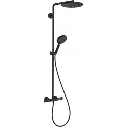 Shower tap with showerpipe and overhead shower Wall-mounted material: Brass thermostatic 240 PowderRain, color: Black surface: Matt Wall-mounted exposed with showerpipe and overhead shower