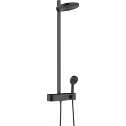 Shower tap with showerpipe and overhead shower Wall-mounted material: Brass thermostatic ShowerTablet Select 400, color: Black surface: Matt Wall-mounted exposed with showerpipe and overhead shower