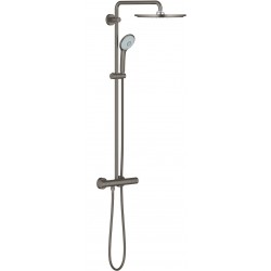 Shower tap with showerpipe and overhead shower Wall-mounted material: Brass thermostatic 310, brushed hard graphite, color: Grey surface: Brushed Wall-mounted exposed with showerpipe and overhead shower