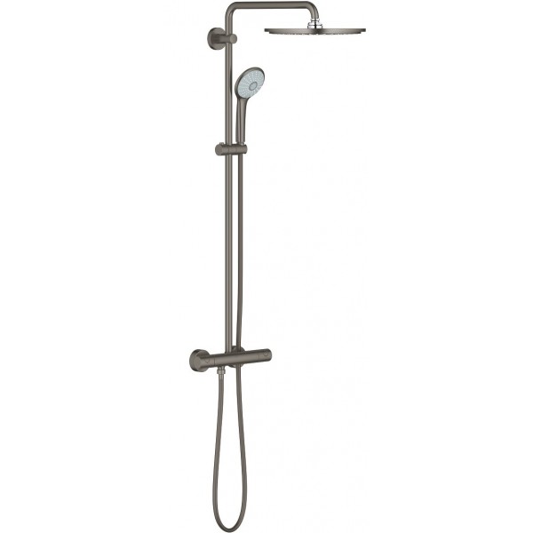 Shower tap with showerpipe and overhead shower Wall-mounted material: Brass thermostatic 310, brushed hard graphite, color: Grey surface: Brushed Wall-mounted exposed with showerpipe and overhead shower