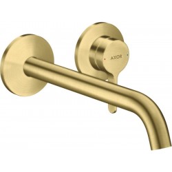 Wash basin tap Wall-mounted - external part 2 holes mixer With non-closing waste set, color: Gold 22cm, brushed brass material: Brass surface: Brushed Wall-mounted - external part