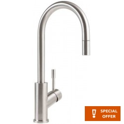 Μπαταρία κουζίνας επικαθήμενη από inox με ντους C-spout, stainless steel, χρώμα: Χρωμέ επιφάνεια: Βουρτσισμένη Επικαθήμενες