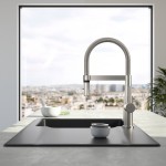 Kitchen tap Deck-mounted material: Inox with shower stainless steel, color: Chrome surface: Brushed Deck-mounted