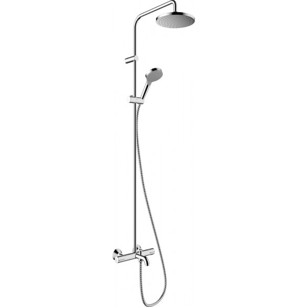 Bathtub tap with showerpipe and overhead shower Wall-mounted material: Brass thermostatic, color: Chrome surface: Glossy Wall-mounted exposed with showerpipe and overhead shower Bathtub tap with showerpipe and overhead shower Wall-mounted material: Brass thermostatic, color: Chrome surface: Glossy Wall-mounted exposed with showerpipe and overhead shower