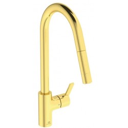 Μπαταρία κουζίνας επικαθήμενη από ορείχαλκο με ντους 2 ροών, C-Spout, brushed gold, χρώμα: Χρυσό επιφάνεια: Βουρτσισμένη Επικαθήμενες
