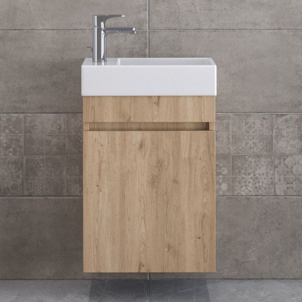 Furniture base with washbasin 45x26x60 material: Wood composite 1 basin wall mounted walnut, color: Wood Oak Cabinets with wash basin Furniture base with washbasin 45x26x60 material: Wood composite 1 basin wall mounted walnut, color: Wood Oak Cabinets with wash basin