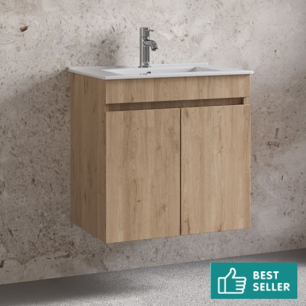 Furniture base with washbasin 61x36x60 material: Wood composite 1 basin wall mounted walnut, color: Wood Oak Cabinets with wash basin