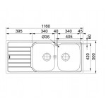 Sink Stainless (Steel) 116x50 material: Inox surface: Matt left / right nested 2 cabinet, color: Chrome Stainless steel