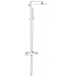 Shower tap with showerpipe and overhead shower Wall-mounted material: Brass thermostatic 230, color: Chrome surface: Glossy Wall-mounted exposed with showerpipe and overhead shower