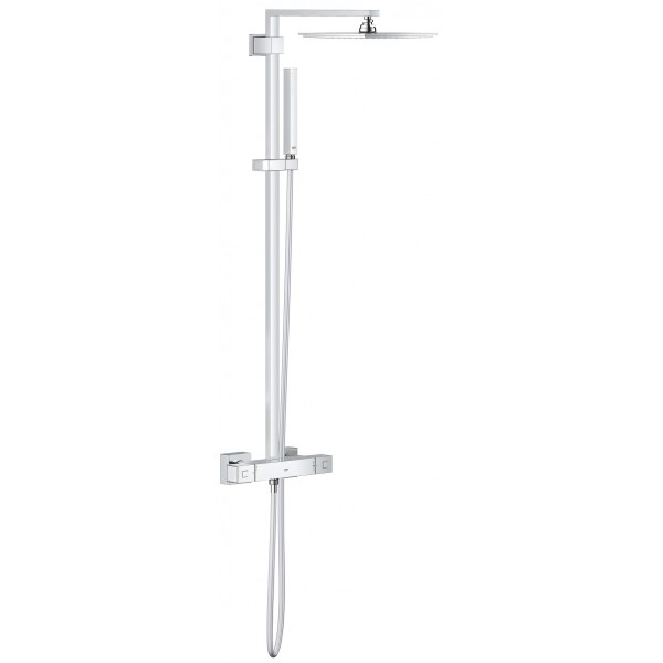 Shower tap with showerpipe and overhead shower Wall-mounted material: Brass thermostatic 230, color: Chrome surface: Glossy Wall-mounted exposed with showerpipe and overhead shower Shower tap with showerpipe and overhead shower Wall-mounted material: Brass thermostatic 230, color: Chrome surface: Glossy Wall-mounted exposed with showerpipe and overhead shower