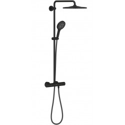 Shower tap with showerpipe and overhead shower Wall-mounted material: Brass thermostatic phantom black, color: Black surface: Matt Wall-mounted exposed with showerpipe and overhead shower