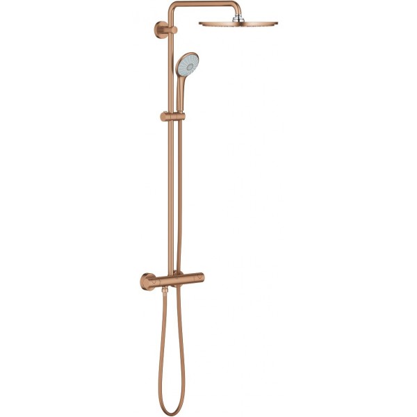 Shower tap with showerpipe and overhead shower Wall-mounted material: Brass thermostatic brushed warm sunset, color: Pink Gold surface: Brushed Wall-mounted exposed with showerpipe and overhead shower Shower tap with showerpipe and overhead shower Wall-mounted material: Brass thermostatic brushed warm sunset, color: Pink Gold surface: Brushed Wall-mounted exposed with showerpipe and overhead shower