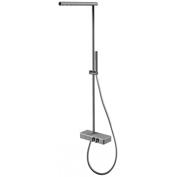 Μπαταρία ντουζιέρας με βέργα και κεφαλή ντους επίτοιχη από ορείχαλκο θερμοστατική με on/off push button, 3 ροών, με τηλέφωνο & σπιράλ, χρώμα: Χρωμέ επιφάνεια: Γυαλιστερή Επίτοιχες με βέργα και κεφαλή ντους