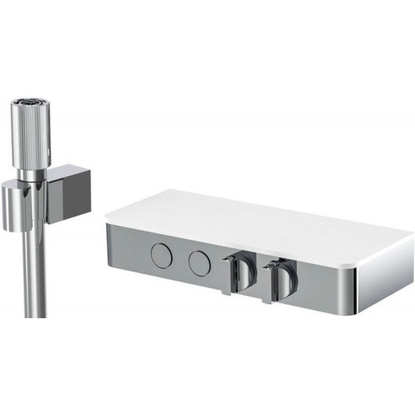 Μπαταρία ντουζιέρας εντοιχιζόμενη εξωτερικό μέρος 2 εξόδων από ορείχαλκο θερμοστατική με ξεχωριστές εξόδους με πλακέτα με τηλέφωνο, σπιράλ, στήριγμα 2 on/off push-button, 1,50m, χρώμα: Χρωμέ επιφάνεια: Γυαλιστερή Εντοιχιζόμενες εξωτερικό μέρος