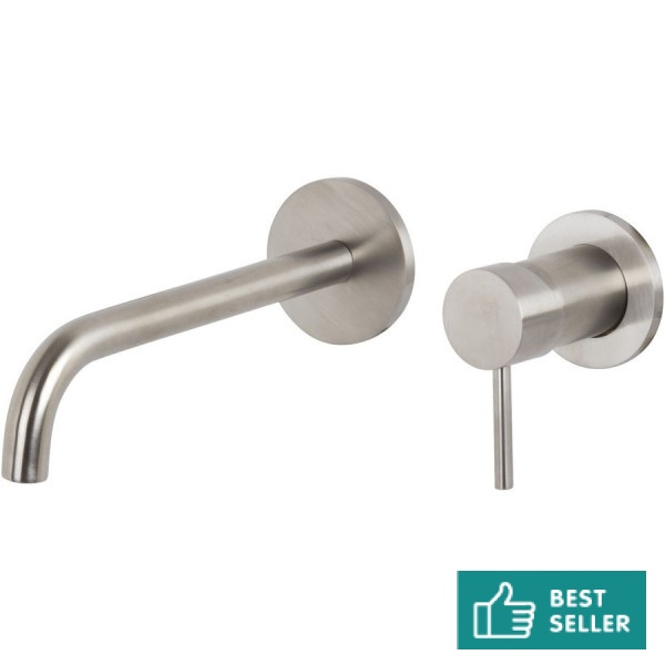 Wash basin tap Wall-mounted - external part 2 holes mixer With push-open waste set, color: Chrome material: Inox surface: Brushed Wall-mounted - external part