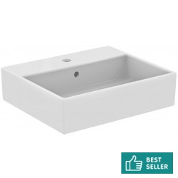 Νιπτήρας επίτοιχος 50x42x13 με 1 γούρνα με οπή στη μέση με υπερχείλιση / χωρίς κολώνα από πορσελάνη, χρώμα: Λευκό επιφάνεια: Γυαλιστερή Επίτοιχοι