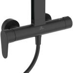 Shower tap with showerpipe and overhead shower Wall-mounted material: Brass / Aluminum mixer, color: Black surface: Matt Wall-mounted exposed with showerpipe and overhead shower Shower tap with showerpipe and overhead shower Wall-mounted material: Brass / Aluminum mixer, color: Black surface: Matt Wall-mounted exposed with showerpipe and overhead shower