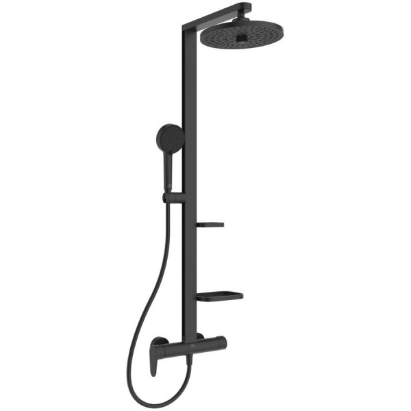 Shower tap with showerpipe and overhead shower Wall-mounted material: Brass / Aluminum mixer, color: Black surface: Matt Wall-mounted exposed with showerpipe and overhead shower