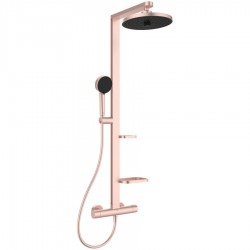 Shower tap with showerpipe and overhead shower Wall-mounted material: Brass / Aluminum thermostatic, color: Pink surface: Matt Wall-mounted exposed with showerpipe and overhead shower
