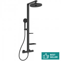 Μπαταρία ντουζιέρας με βέργα και κεφαλή ντους επίτοιχη από ορείχαλκος/αλουμίνιο θερμοστατική Φ26cm & τηλέφωνο, σπιράλ, silk black, χρώμα: Μαύρο επιφάνεια: Ματ Επίτοιχες με βέργα και κεφαλή ντους