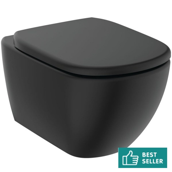 Wall-mounted toilet & toilet seat soft closing, style: Wrapover hidden fixation Rimless, Silk black 53x36 surface: Matt, color: Black Wall-mounted Wall-mounted toilet & toilet seat soft closing, style: Wrapover hidden fixation Rimless, Silk black 53x36 surface: Matt, color: Black Wall-mounted