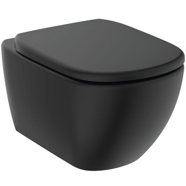 Σετ Λεκάνη επίτοιχη (κρεμαστή) υψηλής πίεσης + Κάλυμμα soft closing Rimless Wrapover κρυφή στήριξη, Silk black 53x36 επιφάνεια: Ματ, χρώμα: Μαύρο Επίτοιχες ΥΠ