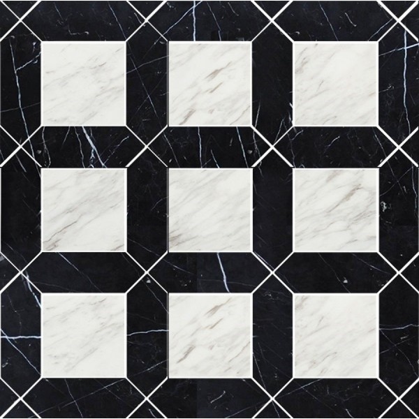 Marble patchwork 30x30 10mm,Volakas, Nero Marquino surface: Matt, hue: White/Black Patchwork