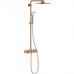 Shower tap with showerpipe and overhead shower Wall-mounted material: Brass thermostatic brushed warm sunset, color: Pink Gold surface: Brushed Wall-mounted exposed with showerpipe and overhead shower