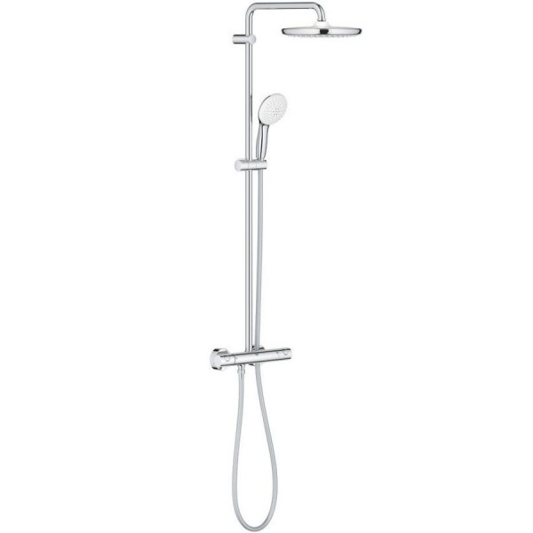 Shower tap with showerpipe and overhead shower Wall-mounted material: Brass thermostatic, color: Chrome surface: Glossy Wall-mounted exposed with showerpipe and overhead shower Shower tap with showerpipe and overhead shower Wall-mounted material: Brass thermostatic, color: Chrome surface: Glossy Wall-mounted exposed with showerpipe and overhead shower