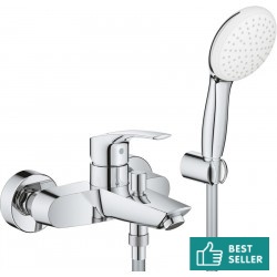 Bathtub tap Wall-mounted exposed material: Brass with hand shower, hose and holder mixer, color: Chrome surface: Glossy