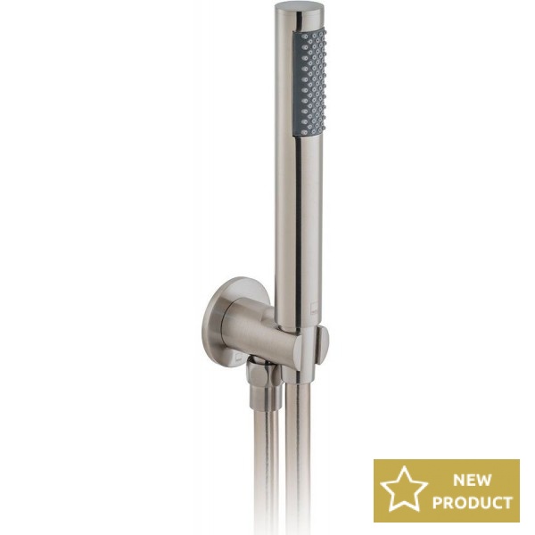 Shower head W/ hose, holder and outlet elbow 1 jet Round brushed nickel, color: Chrome surface: Brushed Hand showers