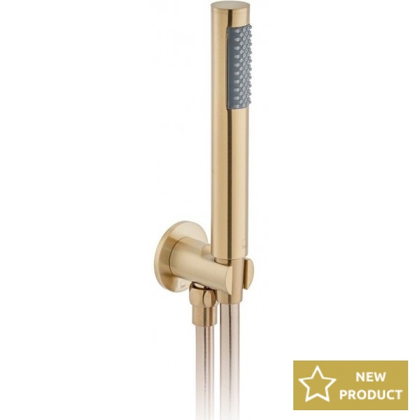 Shower head W/ hose, holder and outlet elbow 1 jet Round brushed gold, color: Gold surface: Brushed Hand showers Shower head W/ hose, holder and outlet elbow 1 jet Round brushed gold, color: Gold surface: Brushed Hand showers