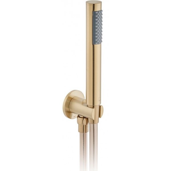 Shower head W/ hose, holder and outlet elbow 1 jet Round brushed gold, color: Gold surface: Brushed Shower head W/ hose, holder and outlet elbow 1 jet Round brushed gold, color: Gold surface: Brushed