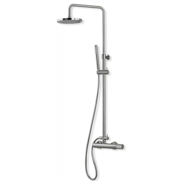 Μπαταρία ντουζιέρας με βέργα και κεφαλή ντους επίτοιχη αναμεικτική από ορείχαλκο βέργα Φ20/25mm ρυθμιζόμενου ύψους 83-144 cm, ανακλινόμενη κεφαλή Φ22,5 cm, τηλέφωνο stick,  σπιράλ 1.50m, Inox Finish, χρώμα: Χρωμέ επιφάνεια: Βουρτσισμένη Επίτοιχες με βέργα