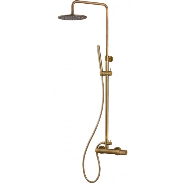 Μπαταρία ντουζιέρας με βέργα και κεφαλή ντους επίτοιχη αναμεικτική από ορείχαλκο βέργα Φ20/25mm ρυθμιζόμενου ύψους 83-144 cm, ανακλινόμενη κεφαλή Φ22,5 cm, τηλέφωνο stick,  σπιράλ 1.50m, Bronze Brushed, χρώμα: Μπρονζέ επιφάνεια: Βουρτσισμένη Επίτοιχες με 