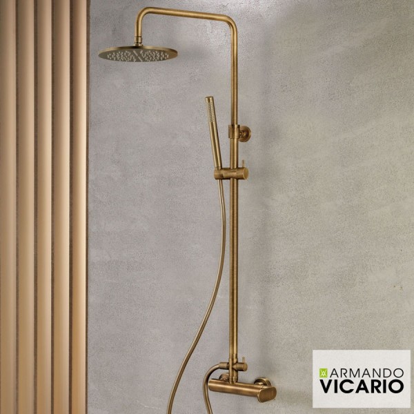 Shower tap with showerpipe and overhead shower Wall-mounted material: Brass mixer Antique Brass, color: Bronze surface: Brushed Wall-mounted exposed with showerpipe and overhead shower