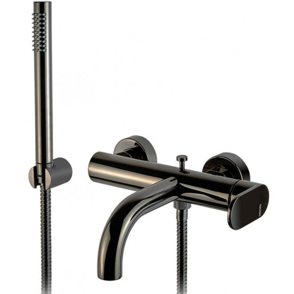 Bathtub tap Wall-mounted exposed material: Brass with hand shower, hose and holder mixer, color: Black surface: Glossy Wall-mouned exposed Bathtub tap Wall-mounted exposed material: Brass with hand shower, hose and holder mixer, color: Black surface: Glossy Wall-mouned exposed