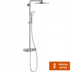 Shower tap with showerpipe and overhead shower Wall-mounted material: Brass thermostatic supersteel, color: Chrome surface: Brushed Wall-mounted exposed with showerpipe and overhead shower