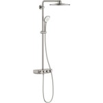 Shower tap with showerpipe and overhead shower Wall-mounted material: Brass thermostatic supersteel, color: Chrome surface: Brushed Wall-mounted exposed with showerpipe and overhead shower Shower tap with showerpipe and overhead shower Wall-mounted material: Brass thermostatic supersteel, color: Chrome surface: Brushed Wall-mounted exposed with showerpipe and overhead shower