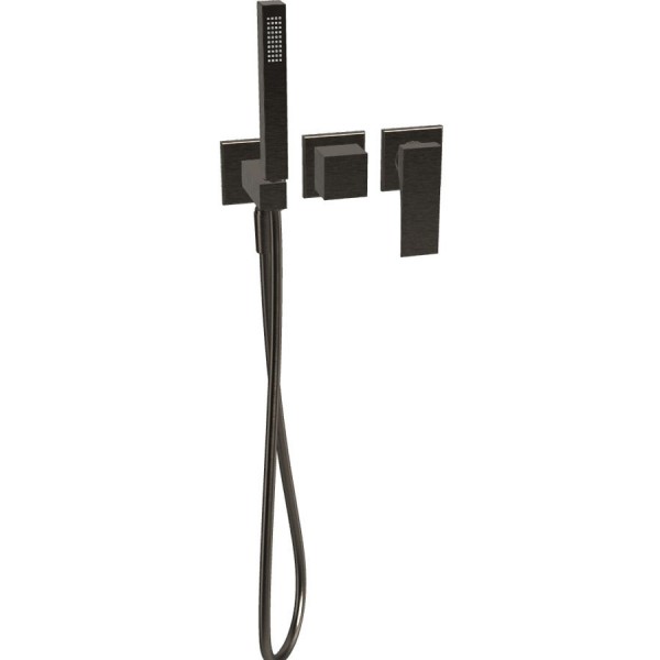 Shower tap Wall-mounted external part 2 way 3 holes material: Brass mixer with hand shower, hose and holder, color: Black surface: Brushed Wall-mounted - external part
