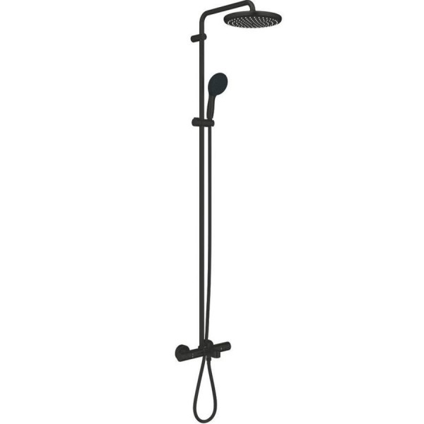 Bathtub tap with showerpipe and overhead shower Wall-mounted material: Brass thermostatic, color: Black surface: Matt Wall-mounted exposed with showerpipe and overhead shower Bathtub tap with showerpipe and overhead shower Wall-mounted material: Brass thermostatic, color: Black surface: Matt Wall-mounted exposed with showerpipe and overhead shower