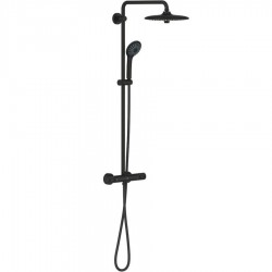 Shower tap with showerpipe and overhead shower Wall-mounted material: Brass thermostatic, color: Black surface: Matt Wall-mounted exposed with showerpipe and overhead shower