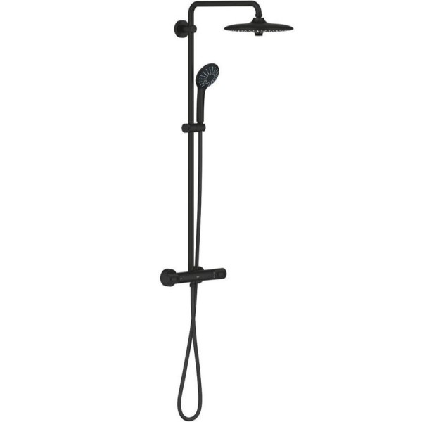 Shower tap with showerpipe and overhead shower Wall-mounted material: Brass thermostatic, color: Black surface: Matt Wall-mounted exposed with showerpipe and overhead shower Shower tap with showerpipe and overhead shower Wall-mounted material: Brass thermostatic, color: Black surface: Matt Wall-mounted exposed with showerpipe and overhead shower