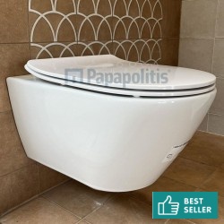 Σετ Λεκάνη επίτοιχη (κρεμαστή) υψηλής πίεσης + Κάλυμμα soft closing Rimless Sandwich slim κρυφή στήριξη 54x36 επιφάνεια: Γυαλιστερή, χρώμα: Λευκό Επίτοιχες ΥΠ